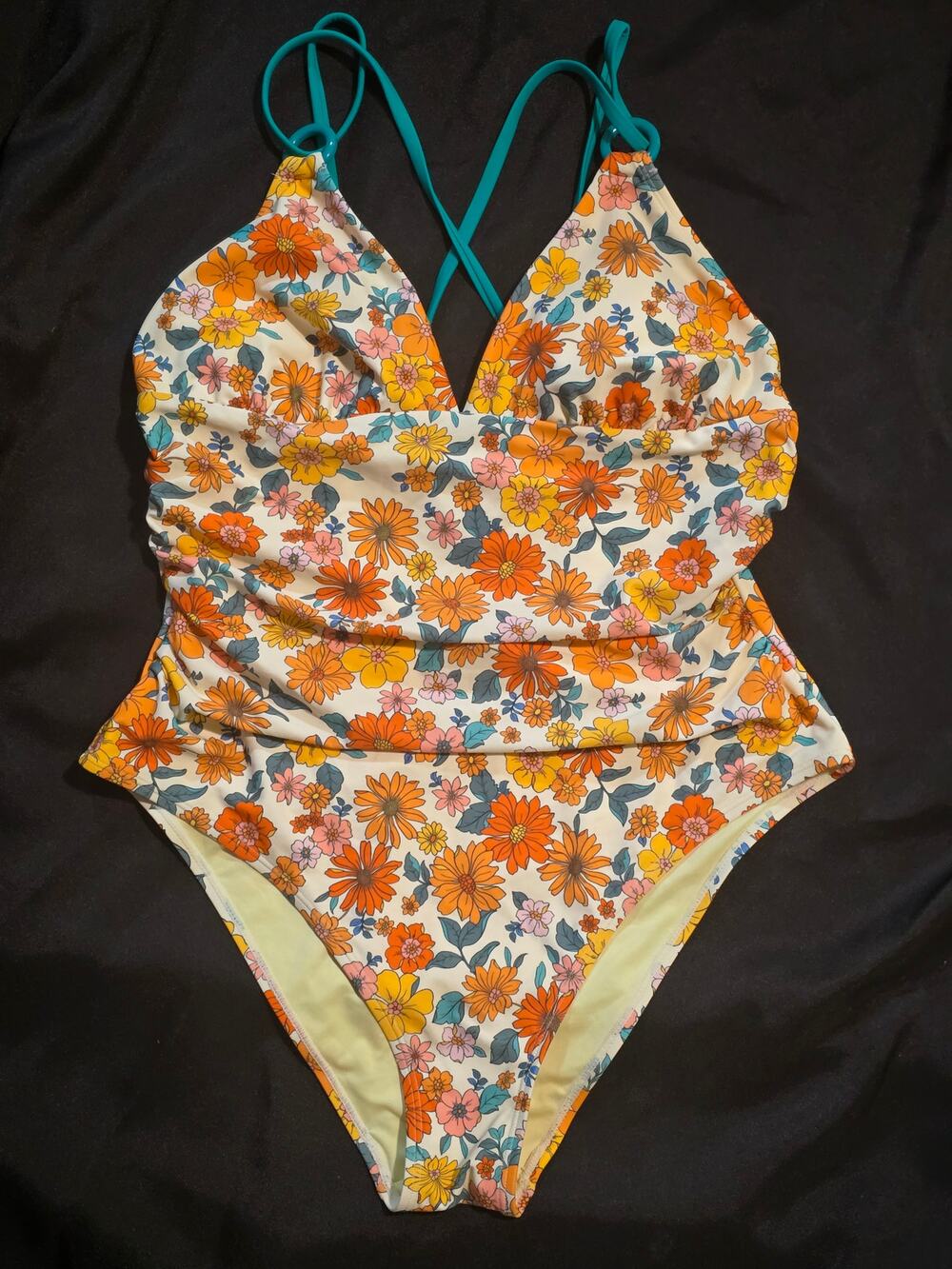 CUPSHE XL Retro Floral One Piece Swimsuit Plunging Crossback Ruched NWT